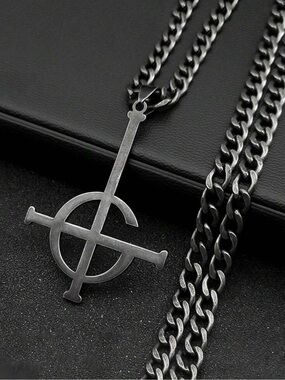 Ghost Band Grucifix Stainless Steel Pendant Necklace - Gun Black